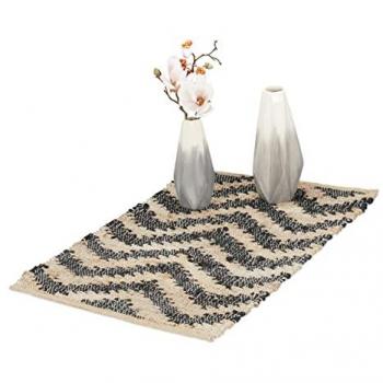 Tappeto Passatoia in Cotone e Iuta, 50 x 80 cm, Antiscivolo, Design Zig-Zag Beige/Nero