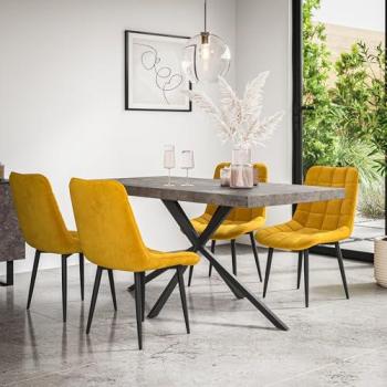 Donni Concrete Effect Table w/ Black Legs + 6 Nova Mustard Velvet Seats