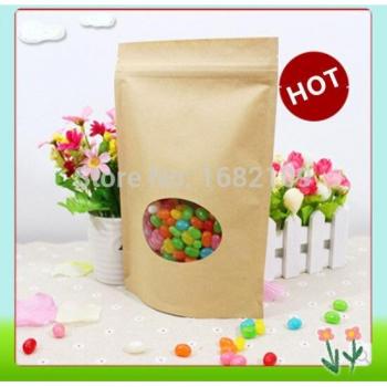 Kraft Paper Food Storage Bags with Window, Stand-Up Zipper, 17cm x 24cm, 100pcs/lot
