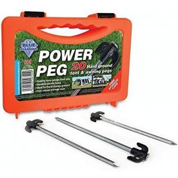 Blue Diamond POWER Pegs Hard Ground Tent & Awning Pegs x 20 With Plastic Storage