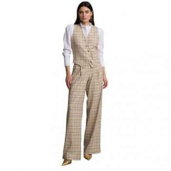 Pantalón de moda para mujeres: cuadros beige con traviesa cruzada