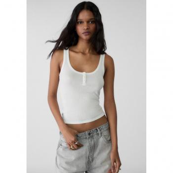 Elegant Ecru Strappy Shirt with Front Buttons – M
