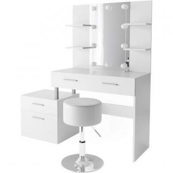 Coiffeuse 132 cm Maria (Vicco) – Blanc avec LED et tabouret intégré
