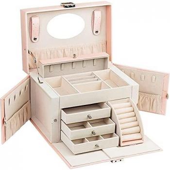 ADEL DREAM Schmuckschatulle, Schmuckkoffer, groß, abschließbar, 4 Ebenen mit 3 Schubladen, mit Spiegel, für Ringe, Ohrringe, Halsketten und Armbänder, elegant und klassisch