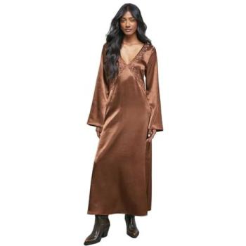 Plunge Neck Burgundy Satin Midi Dress – Embroidered, Flared Sleeves, Warehouse Style