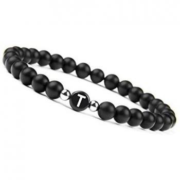 Bracelet Extensible Perles Noires avec Initiale S – Onyx Naturel – Homme et Femme