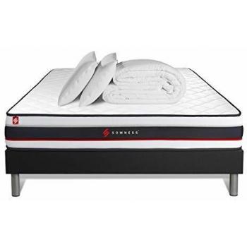Matelas 140x190 Très Ferme + sommier Noir + 2 oreillers mémoire