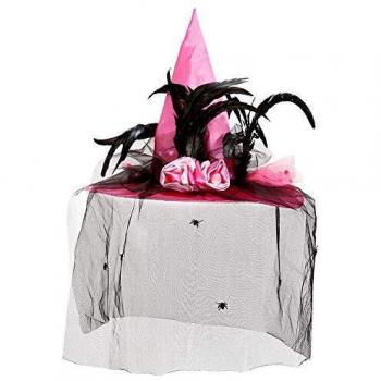 Cappello da Strega Lusso con Velo Piume e Fiori Rosa