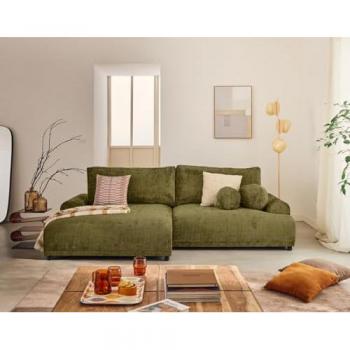 Nelly – Canapé d'Angle 4 Places Convertible, Coffre Velours Vert Olive