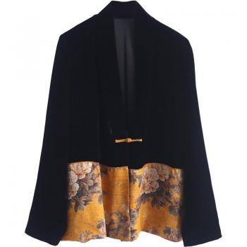 Abrigo retro de terciopelo para mujer, blusa Qipao con botones, color negro y amarillo