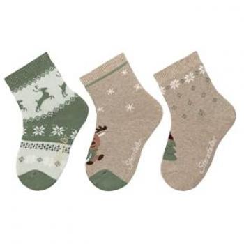 Sterntaler Socken „Weihnachtszauber“ 3‑Pack – Beige & Grünes Mehrfarb-Design – Size 17