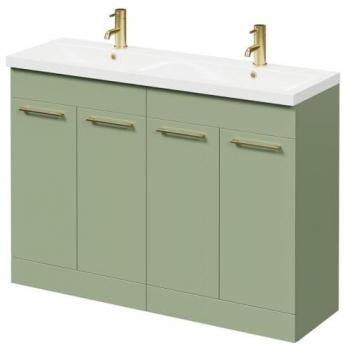 Olive Green 1200mm Napoli Floor Standing Vanity Unit with Ceramic Double Basin, 4 Doors, and Brushed Brass Handles