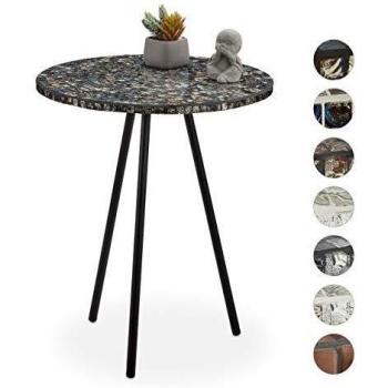 Tavolino Etnico in Mosaico, HxD 50 x 41 cm, Rotondo, Nero e Oro, Fatto a Mano