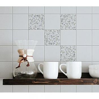 Autocollants Carrelage Décoratifs, Terrazo 10x10cm, Marbre Gris, Lot de 9