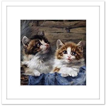 Adam Two Kittens Basket Blue Cloth Cat Painting – 8×8” Square Wood Frame, White Version
