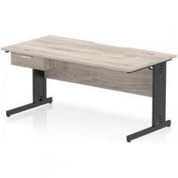 Impulse 1600 × 800mm Scalloped Grey Oak Desk – Cable Managed, One‑Desk Footing, Workstation Drawer
