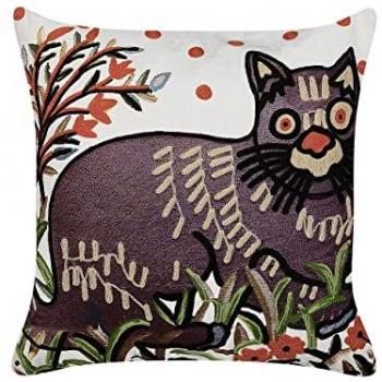Cuscino in Cotone 50 x 50 cm Motivo Gatto Ricamato a Mano Sfoderabile