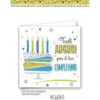 Biglietto Auguri Compleanno Celeste con Motivo Quadrato