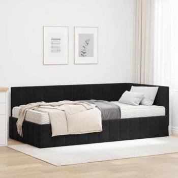 Lit d'angle noir 90x200 cm avec matelas en velours