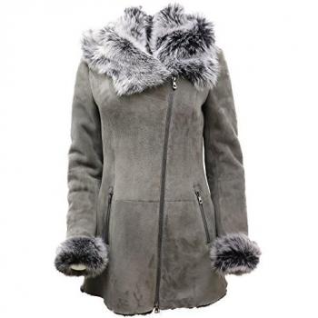 Infinity Leather Women’s Grey Suede Sheepskin Coat with Hood – Monrovia Style, UK 12