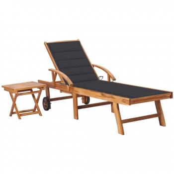 Set chaise longue en teck robuste, table intégrée, coussin inclus – vidaXL