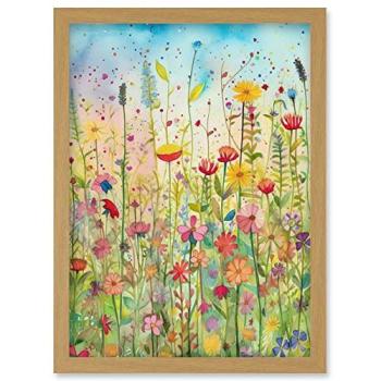 Artery8 Summer Wildflower Meadow Folk Art A4 Print in Light Oak