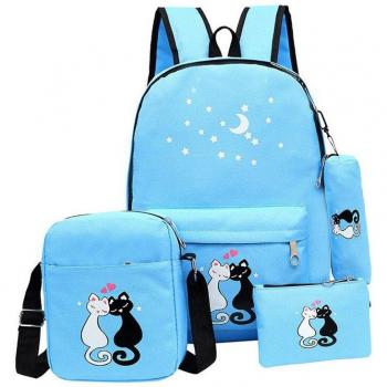 4pcs/set Cat Print Canvas School Backpack for Girls