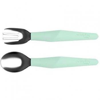 Mint‑Green‑Baby‑Besteck‑Set aus Edelstahl mit Silikonhandgriff, Löffel & Gabel, ab 1 Jahr, spülmaschinenfest, 2‑teilig