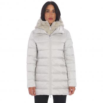 Piumino svasato lungo Save The Duck con pelliccia ghiaccio