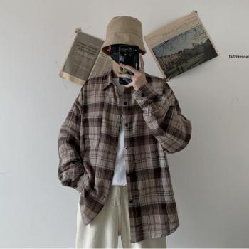 Camisa casual a cuadros de algodón para hombre, suelta, manga larga, M-XL, primavera
