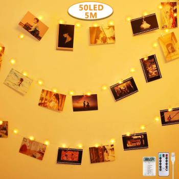 Anpro 50 Photoclips Lichterkette – 5 m, USB‑Power, 8 Farben, Fernbedienung, Warmweiß