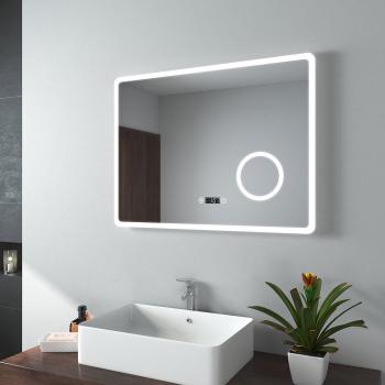 Mirroir LED EMKE 90×70 cm avec Interrupteur Tactile, Anti-buée et Loupe 3X