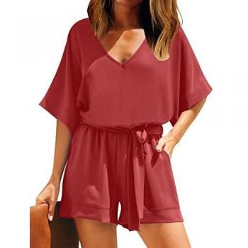 Roskiky Playsuit Damen – V-Ausschnitt, Gurt, elegante Koralle, XL