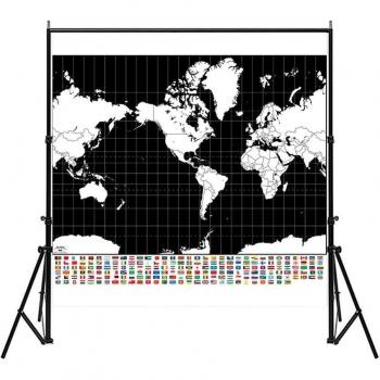 Black and White Simple Plate World Map with National Flags (150x150cm)