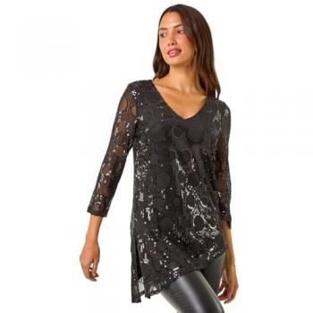 Roman Women's Circle Sequin Asymmetric Top in Black – Size 10, Black 10 Female