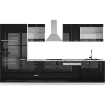 Cuisine R-Line 350 cm Vicco, Chêne Noir Brillant/Blanc, Armoire Haute, Plan de Travail en Marbre