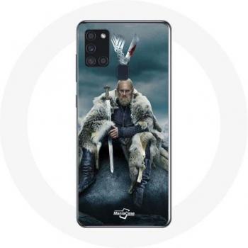 Coque pour Samsung Galaxy A21S Vikings Saison 6 Épée Logo Ragnar Lothbrok Fond Gris