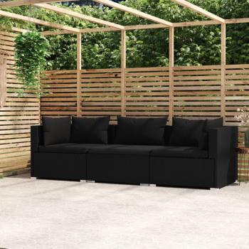 Vidaxl 3-Sitzer-Sofa mit Kissen in Schwarz, Poly Rattan-Material