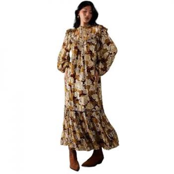 Floral Printed Metallic Jacquard Frill Yoke Tier Hem Midi Dress