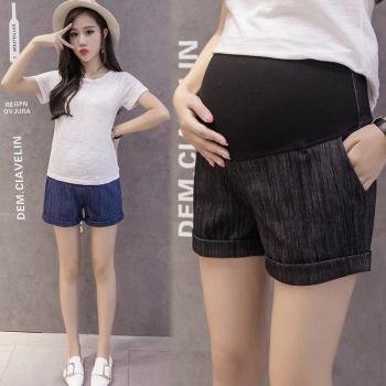 Bauchfreundliche Kurzjeans – Schwangere, Hohe Taille, Sommer, Schwarz/Blau, Taschen