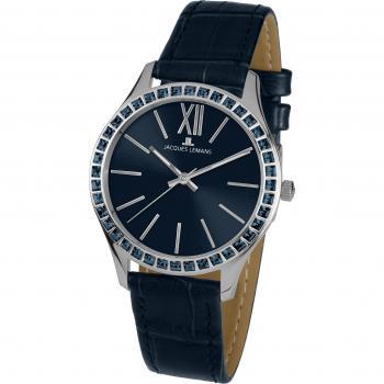 Uhr für Damen – Jacques Lemans Rome 1‑1841K, Lederarmband, massiver Edelstahl, Swarovski-Kristalle