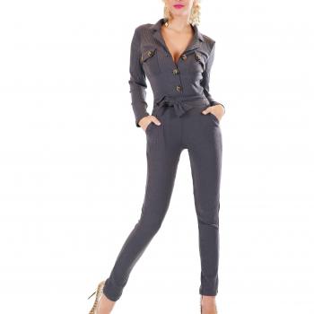 Rippstich Business‑Jumpsuit in Langform, dekorativem Gürtel – Unbekannt M/L