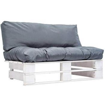 Divano da esterno in pallet con cuscini grigi