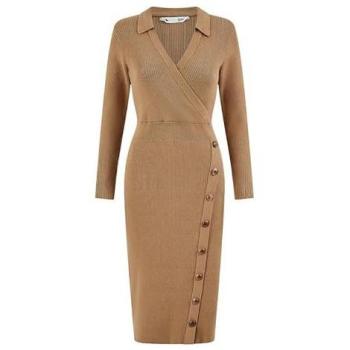 Yumi Women's Brown Knit Midi Dress – Asymmetric Button Closure (Size S)