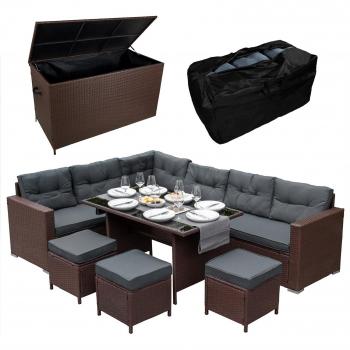 Salon de Jardin en Rotin Brun avec Coffre de Rangement 582L