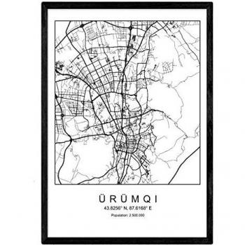 Cuadro Mapa Urumqi Blanco y Negro Enmarcado