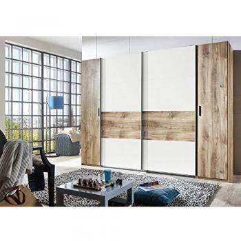 Armoire de chambre en bois massif avec deux portes pivotantes et deux portes glissantes, chêne poutre/blanc