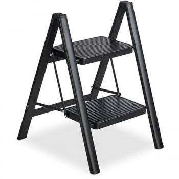 Space-Saving Steel Step Ladder, 2 Steps, 120 kg Max Load, Foldable, Black