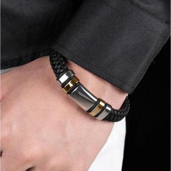 Bracelet tressé noir en cuir pour homme avec fermoir en métal