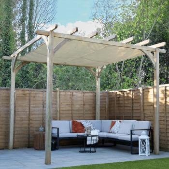 2ft x 12ft Ultima Cream Wooden Garden Pergola with Retractable Canopy